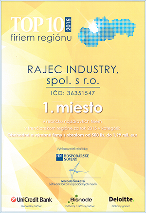Certifikát TOP 10 firiem regiónu 2015
